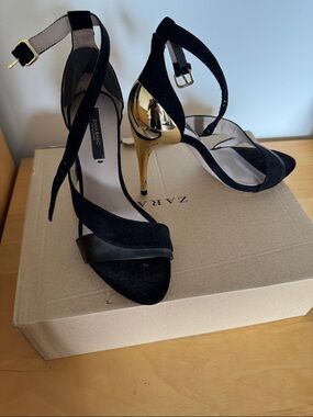 Zara Black Suede Open-Toe Heels with Gold Stiletto